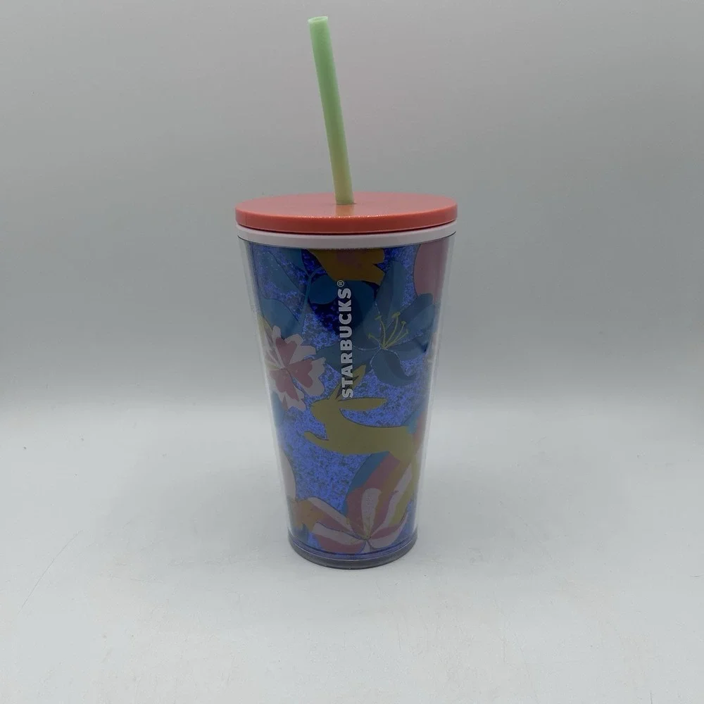 Starbucks Straw‎ Cup Tumbler Spring 2021 16oz With Straw Bunny Glitter Floral
